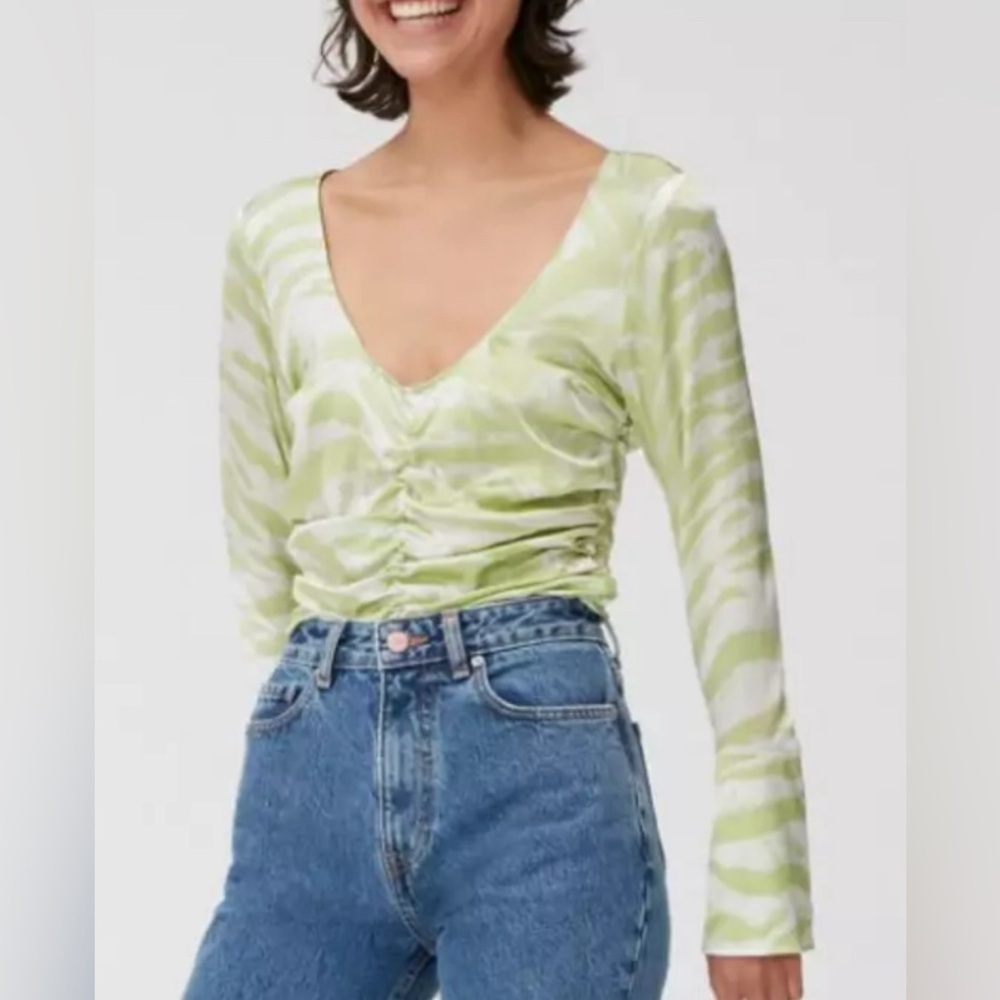 Ganni Light Green Zebra-Print Silk Top